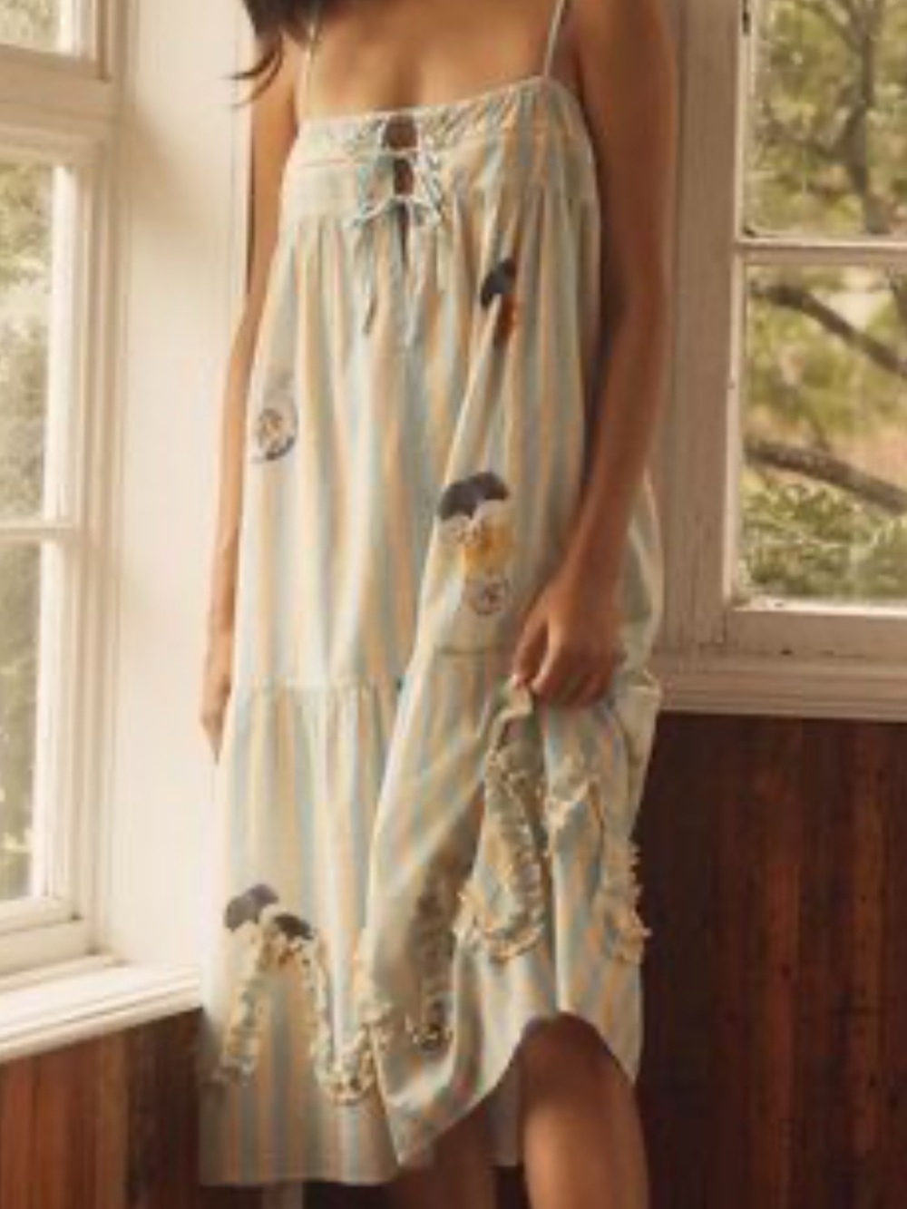 Anthropologie Pale Blue and Cream Striped Chemise with Floral Motifs